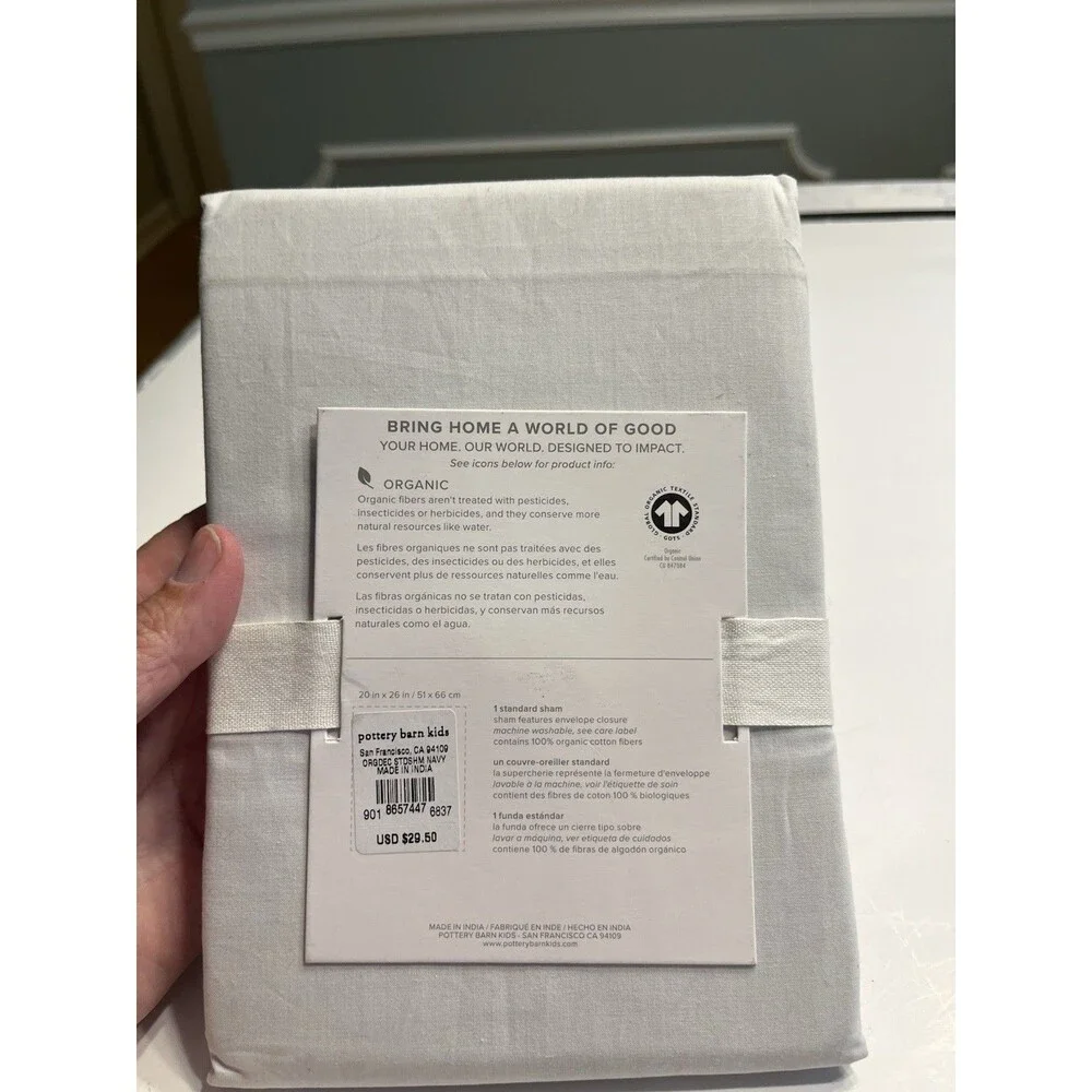 Pottery Barn Organic Standard Pillow Sham White w Navy Blue Ribbon Accent 20x26